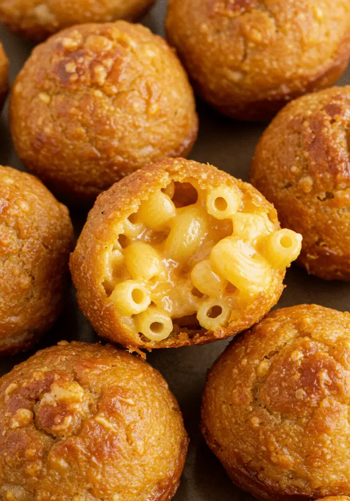 Pinterest-ready Maple Bacon Bourbon BBQ Mac & Cheese Bombs with gooey cheese center