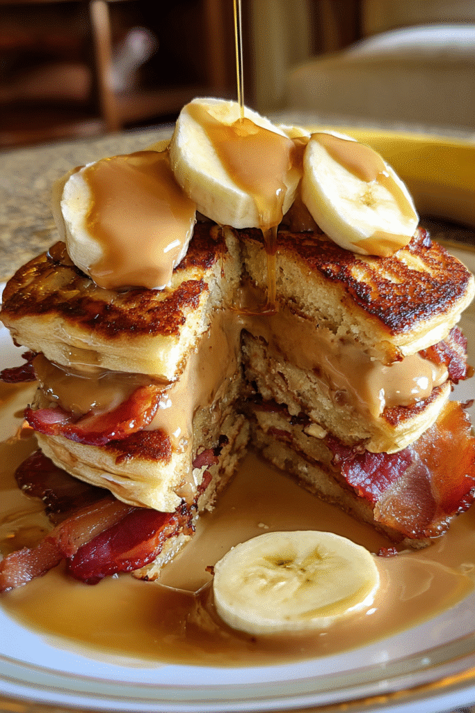 Pinterest-style Maple Bacon Peanut Butter Banana Stuffed Pancakes breakfast recipe with premium ingredients
