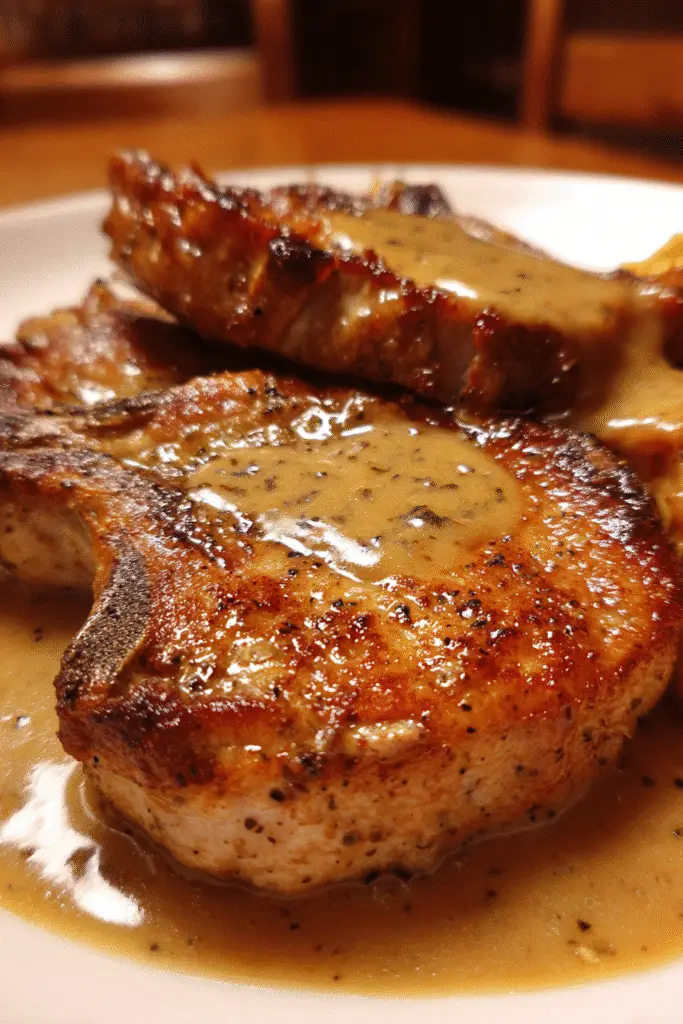 Southern comfort food recipe featuring fried pork chops and creamy gravy Pinterest image