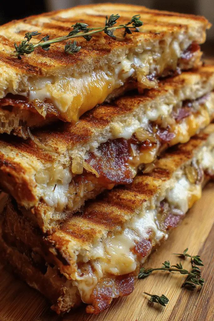 Homemade double smoked bacon panini with triple cheese blend and caramelized onions