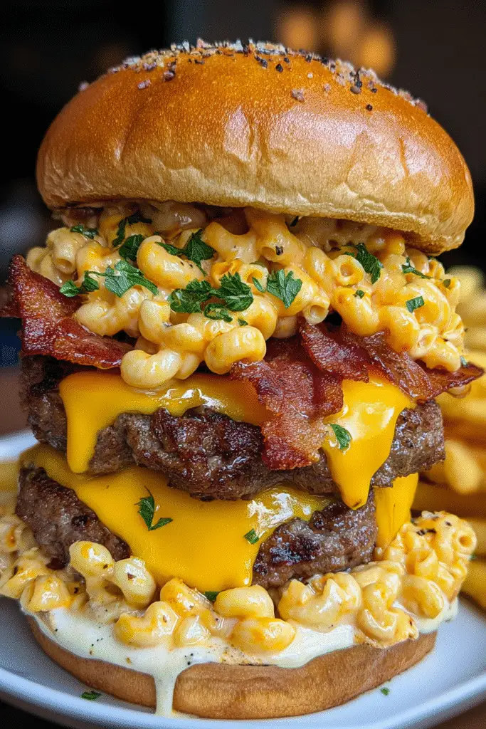 Step-by-step Truffle Bacon Mac Attack Burger recipe with gourmet ingredients and ranch explosion