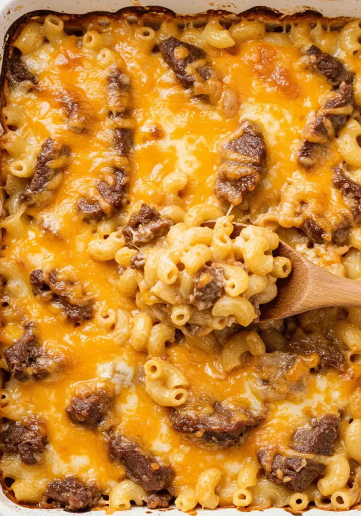 Second Pinterest pin featuring Spicy Honey Whiskey BBQ Brisket Mac & Cheese Bake recipe from CrennRecipes