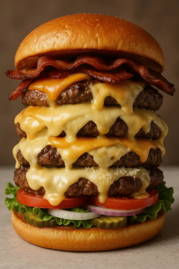 Gourmet Quadruple Cheese Bacon Meltdown Burger recipe with four melted cheeses Pinterest pin