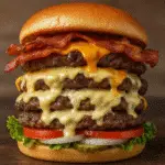 Quadruple Cheese Bacon Meltdown Burger with premium melted cheeses and crispy bacon on toasted bun