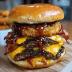 Quadruple cheese BBQ bacon smash burger with melted American cheddar cheese and crispy beer-battered onion rings on brioche bun