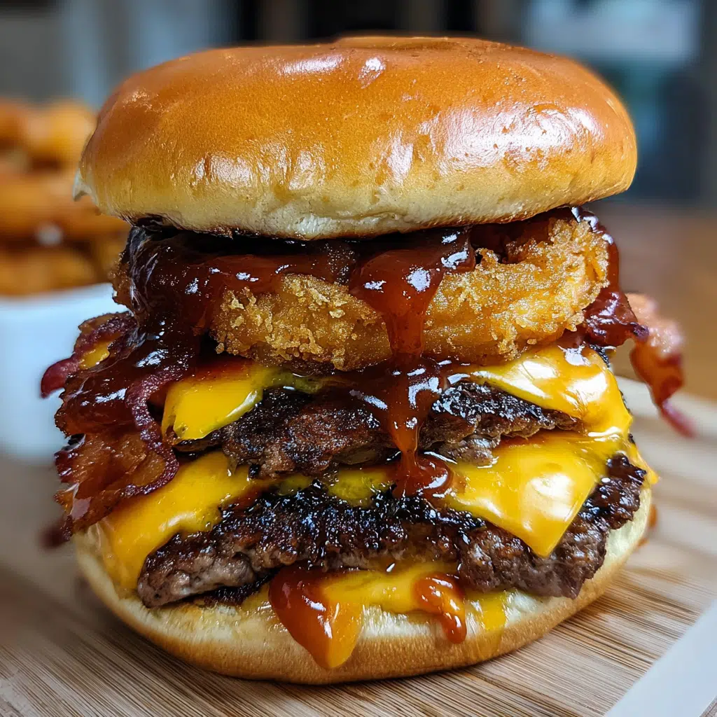 Quadruple cheese BBQ bacon smash burger with melted American cheddar cheese and crispy beer-battered onion rings on brioche bun