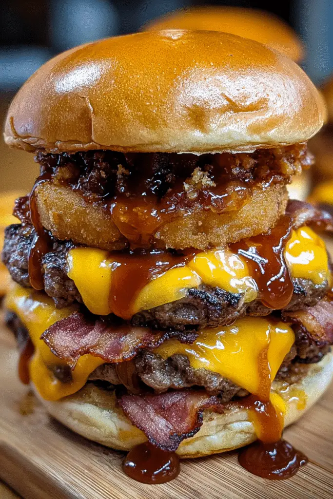 Quadruple cheese BBQ bacon smash burger recipe ingredients layout with cast iron skillet and Samuel Adams beer