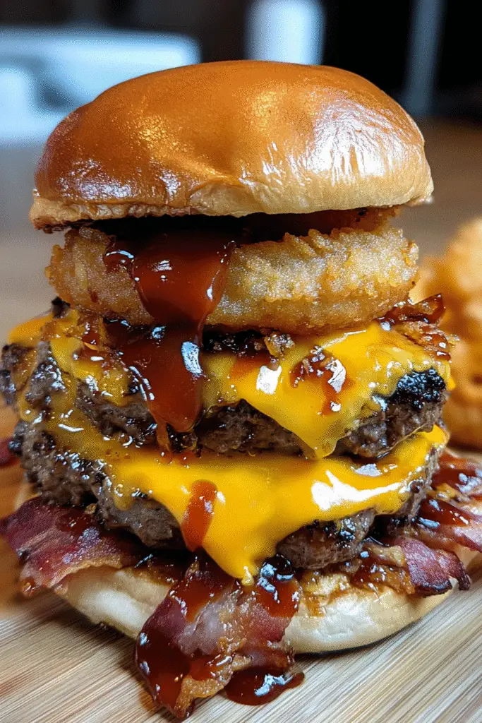 Quadruple cheese BBQ bacon smash burger Pinterest recipe with cast iron skillet cooking method