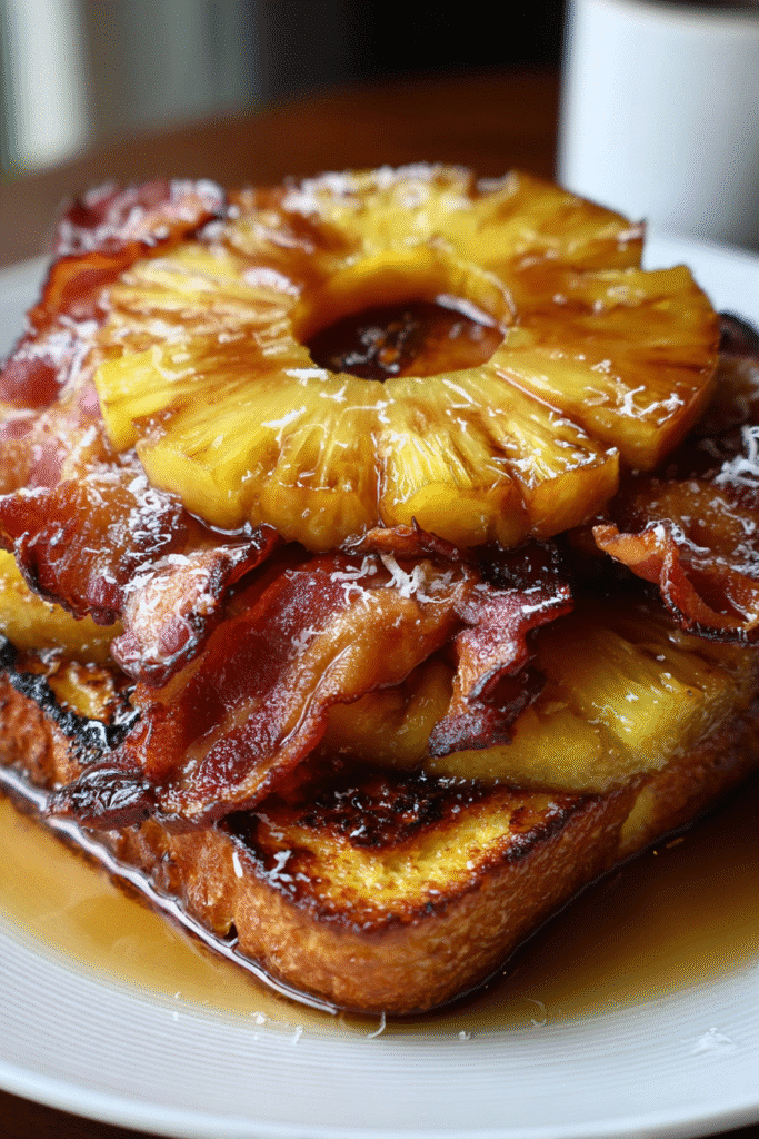 Pinterest-ready rum-soaked pineapple bacon French toast with golden brioche and caramelized pineapple