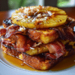 Rum-soaked pineapple bacon French toast with caramelized pineapple rings and crispy bacon on premium brioche bread