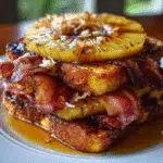Rum-soaked pineapple bacon French toast with caramelized pineapple rings and crispy bacon on premium brioche bread