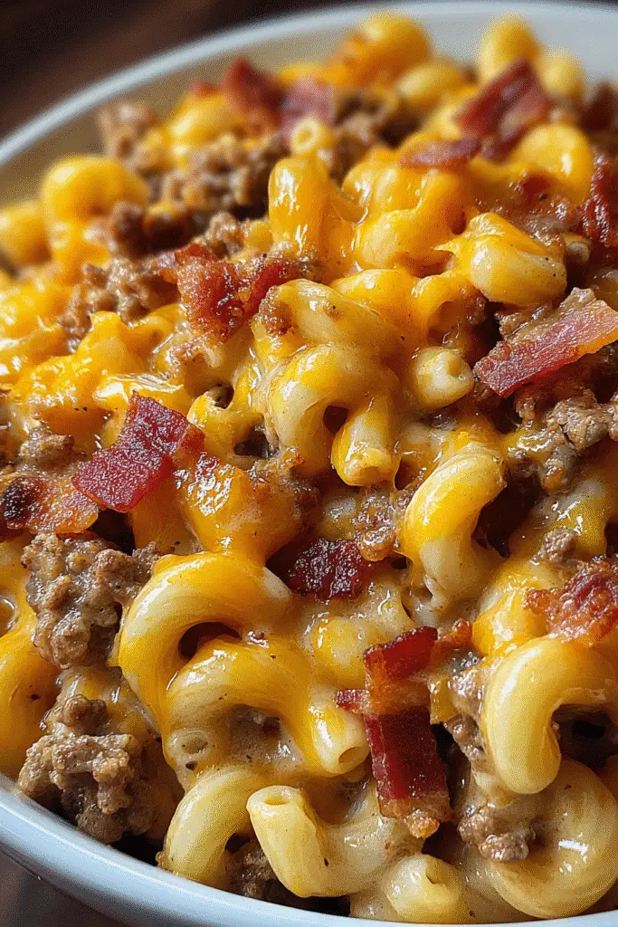 Loaded Bacon Cheeseburger Mac in skillet with melted cheese
