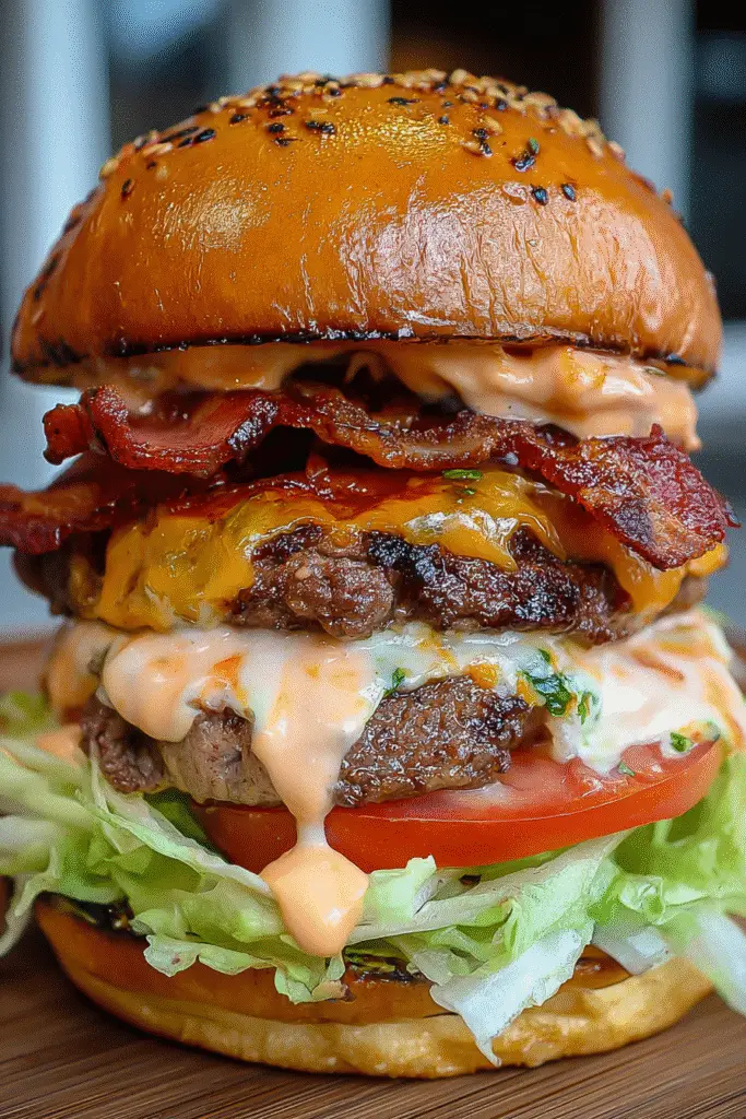 Perfectly cooked smash burger patty with pepper jack cheese melting and crispy bacon on artisan bun