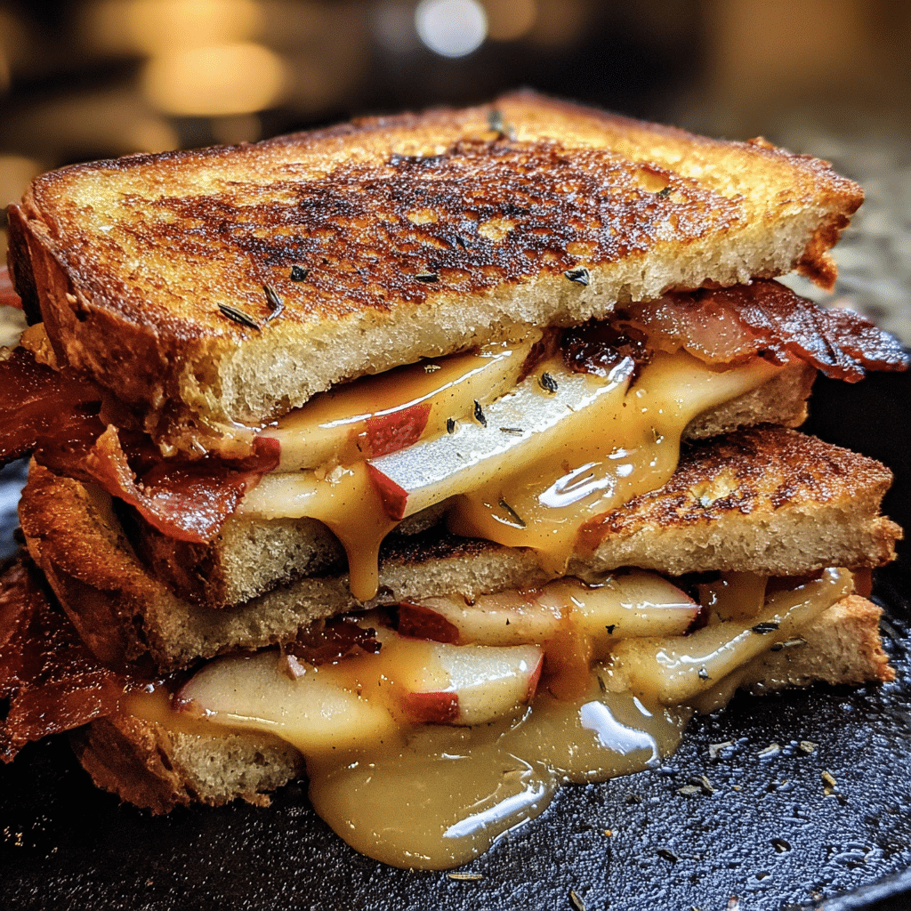 Smoked Bacon Caramel Apple Grilled Cheese with melted cheddar and caramelized apples on sourdough bread