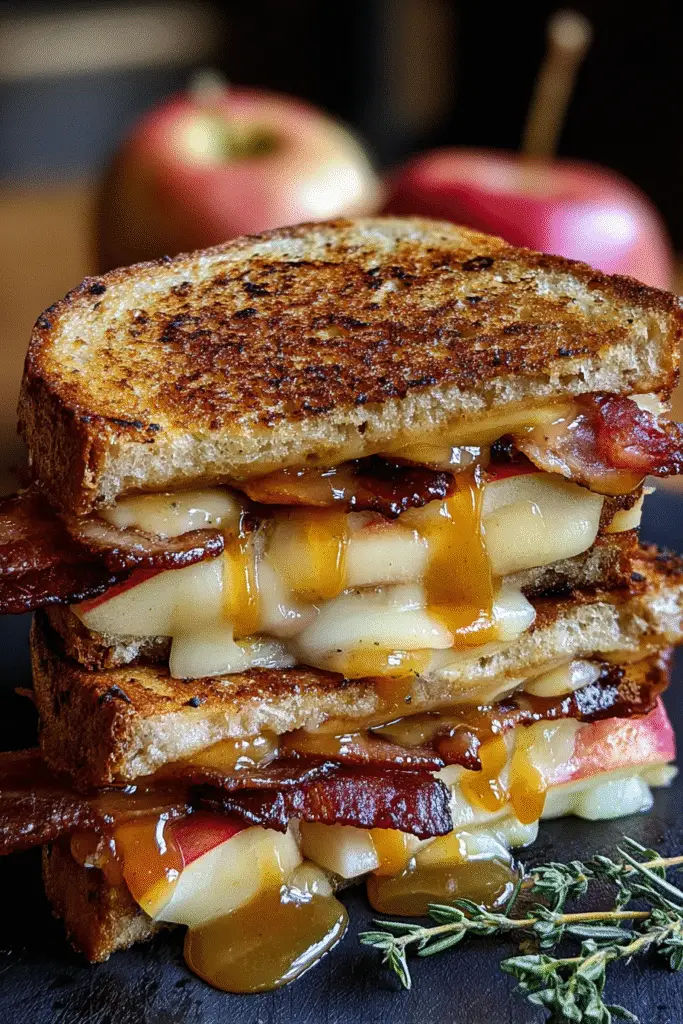 Fall comfort food Smoked Bacon Caramel Apple Grilled Cheese Pinterest recipe pin with crispy bacon and sweet apples