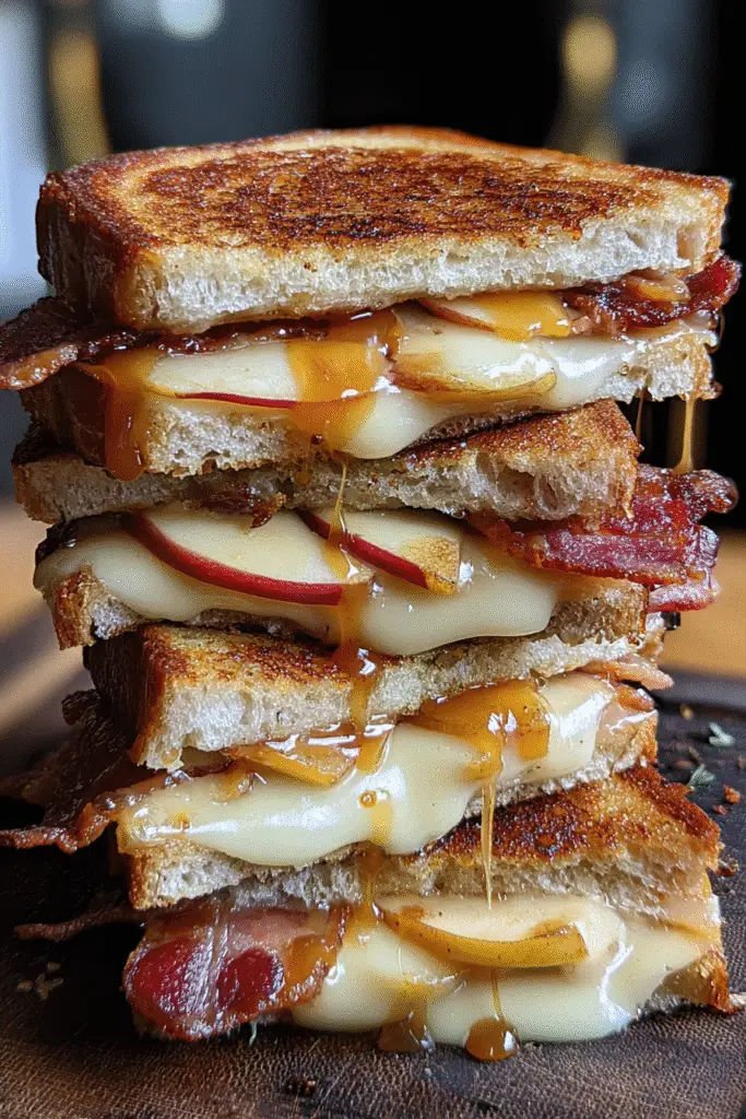 Gourmet grilled cheese recipe with smoked bacon and caramelized apples on artisan sourdough bread for Pinterest