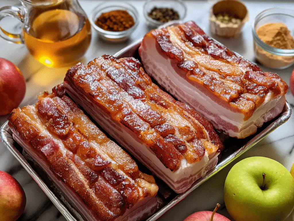 Fresh ingredients for Smoky Apple Cider BBQ Glazed Pork Belly recipe