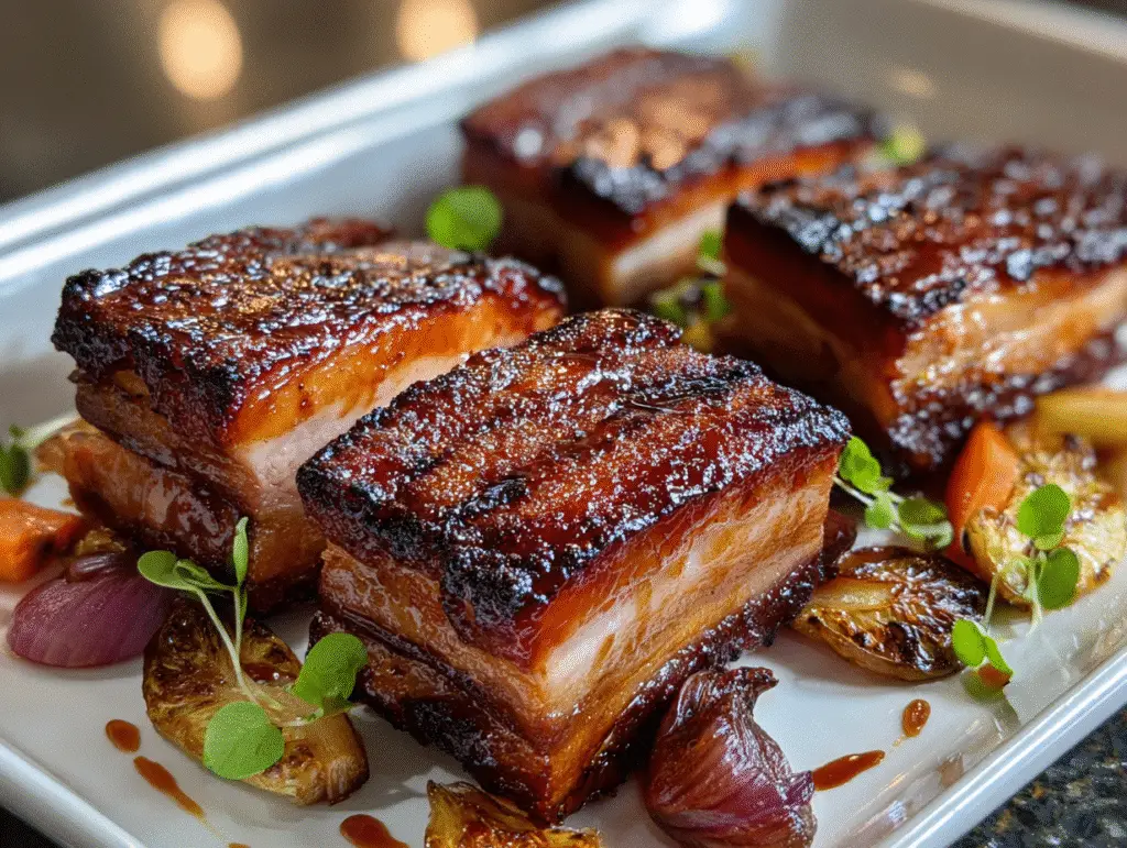 Elegantly plated Smoky Apple Cider BBQ Glazed Pork Belly with sides