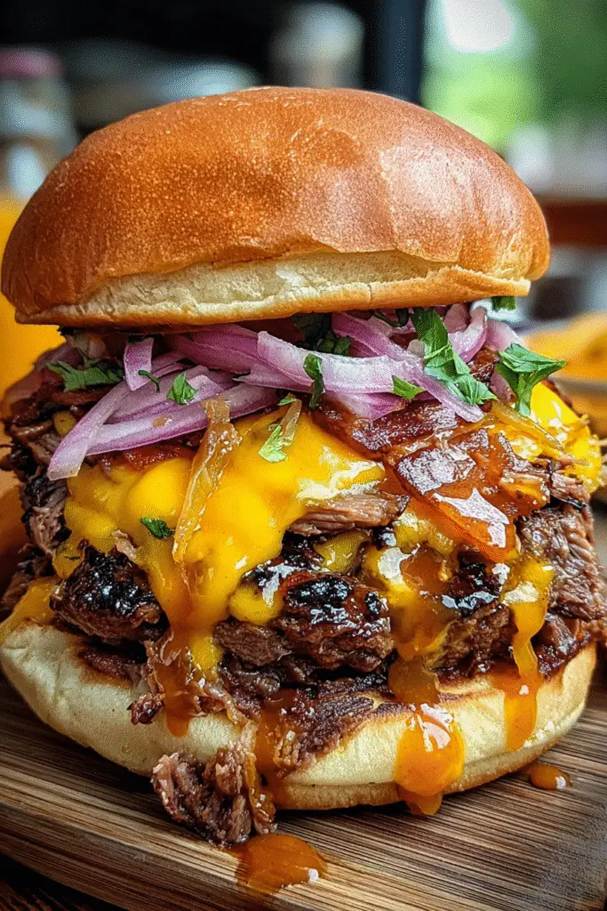 Smoky Chipotle Drizzle Cowboy Burger recipe card showing golden-crusted patty with CrennRecipes professional technique