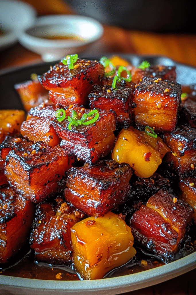 Smoky habanero peach pork belly cubes with premium caramelized bourbon butter - expert BBQ techniques