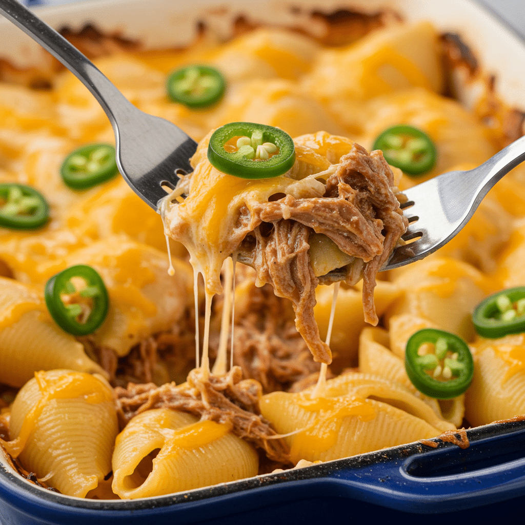 Smoky jalapeño cheddar pulled pork pasta bake with melted cheese and tender meat in premium ceramic bowl