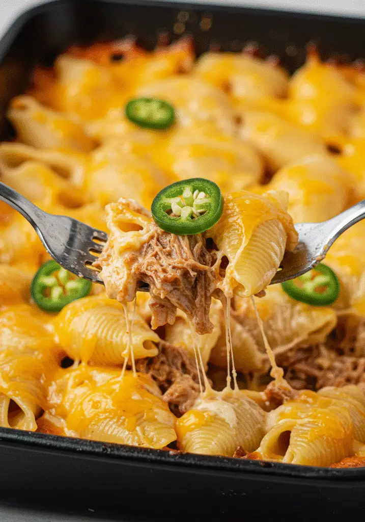 Ultimate smoky jalapeño cheddar pulled pork pasta bake with premium cheese blend and tender meat textures