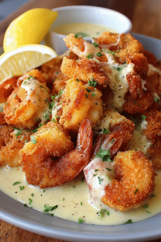 Southern fried shrimp with cornmeal coating and lemon gravy Pinterest recipe image vertical format