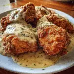 Southern Fried Chicken with country gravy served on cast iron skillet - crispy golden coating with creamy buttermilk gravy