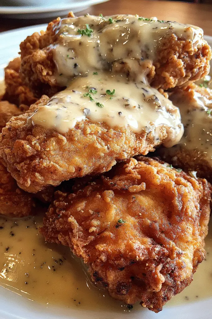 Southern Fried Chicken recipe pin - crispy buttermilk chicken with homemade country gravy cooking tutorial