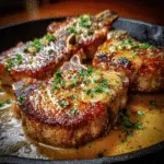 Southern Fried Pork Chops recipe Pinterest pin showing crispy pork chops with gravy