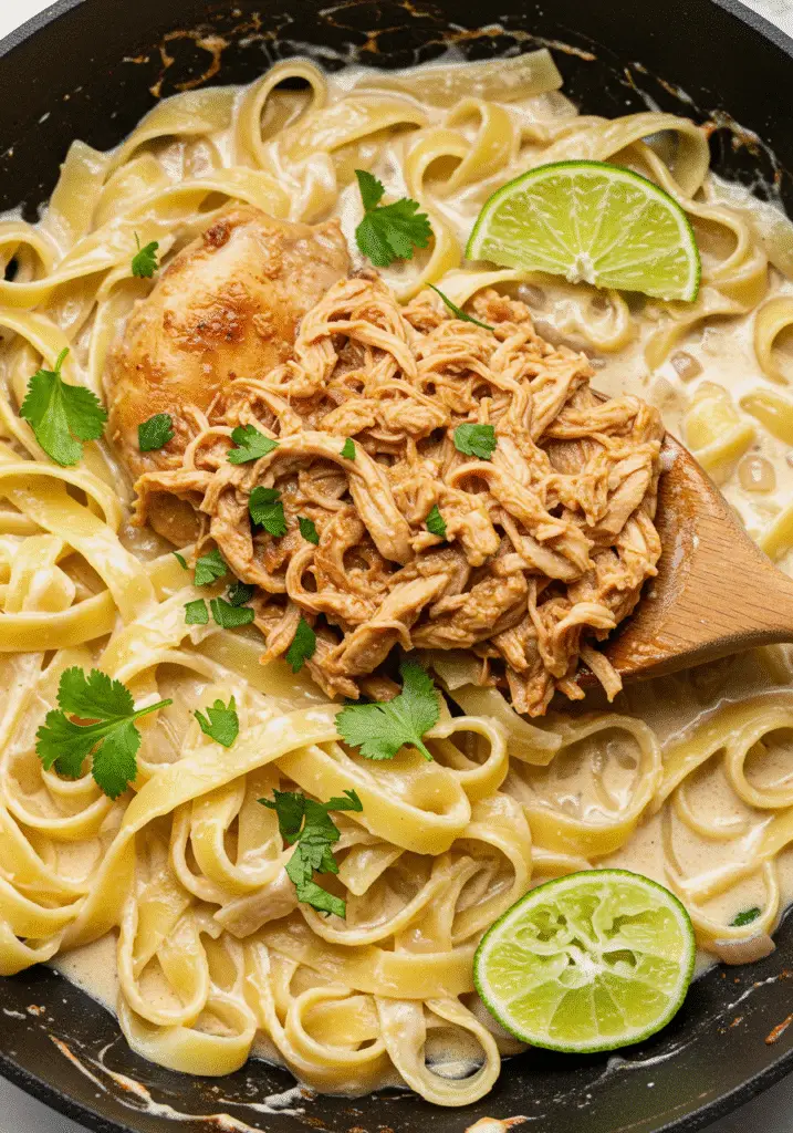 Spicy Chipotle Brown Sugar Chicken Alfredo Skillet with perfectly melted Parmesan and fresh herb garnish