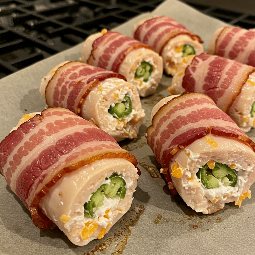 Spicy Jalapeño Popper Chicken Bacon Rolls with melted cheese and crispy bacon on white plate
