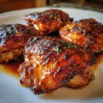 Spicy Maple Bourbon BBQ Chicken Thighs with caramelized glaze and fresh herbs on white plate