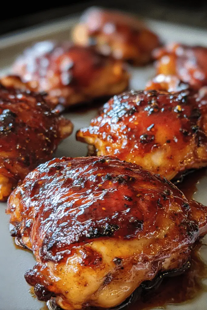 Spicy Maple Bourbon BBQ Chicken Thighs recipe Pinterest pin with sticky caramelized coating