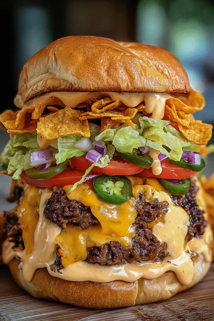 Spicy Nacho Doritos Crunch Burger Pinterest recipe with queso drip, perfect for viral food content