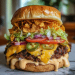 Spicy Nacho Doritos Crunch Burger with golden queso lava drip, crushed Doritos coating, fresh toppings on toasted bun