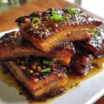 Sticky maple garlic pork belly slabs with crispy caramelized exterior and tender meat interior