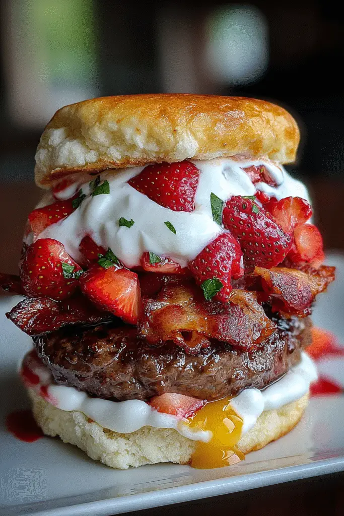 Gourmet Bacon Strawberry Shortcake Burger close-up showing texture and ingredients