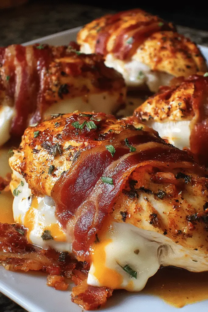 Stuffed chicken breast with melted Pepper Jack cheese and crispy bacon close-up