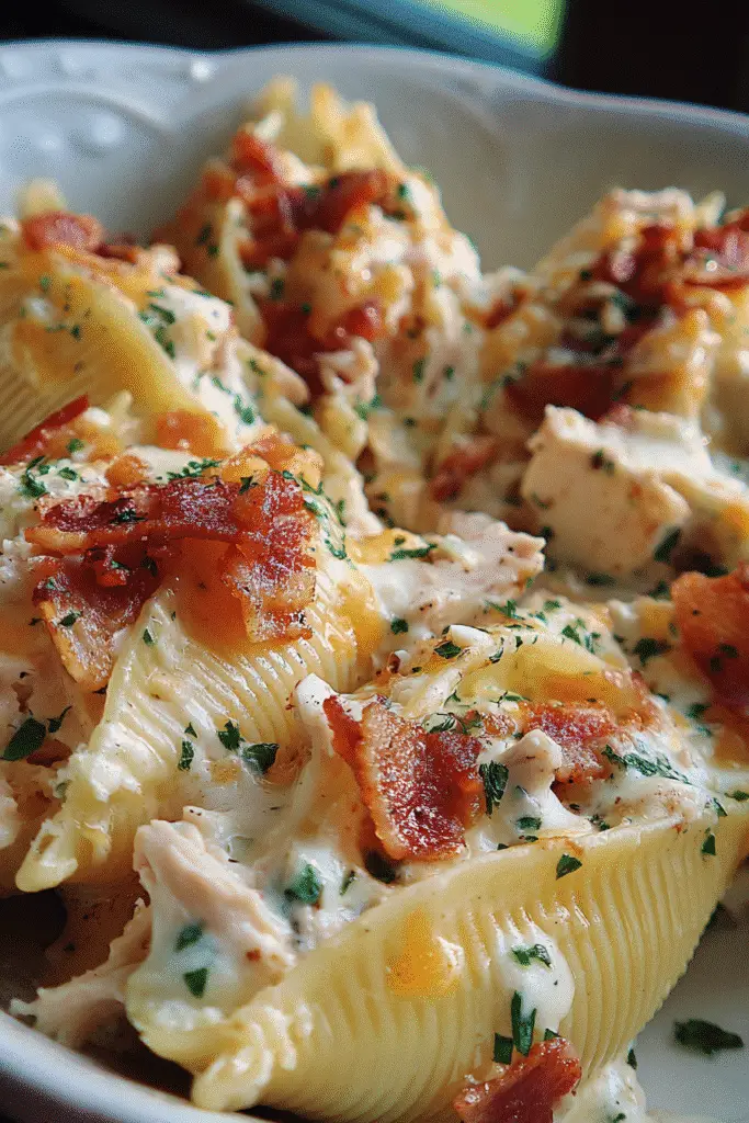 Chicken bacon ranch stuffed shells ingredients layout with jumbo shells and mixing bowl