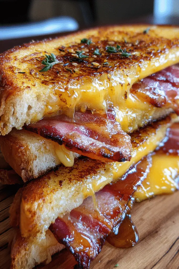 Sweet Maple Bacon Grilled Cheese Pinterest recipe with golden crispy bacon and premium cheese blend