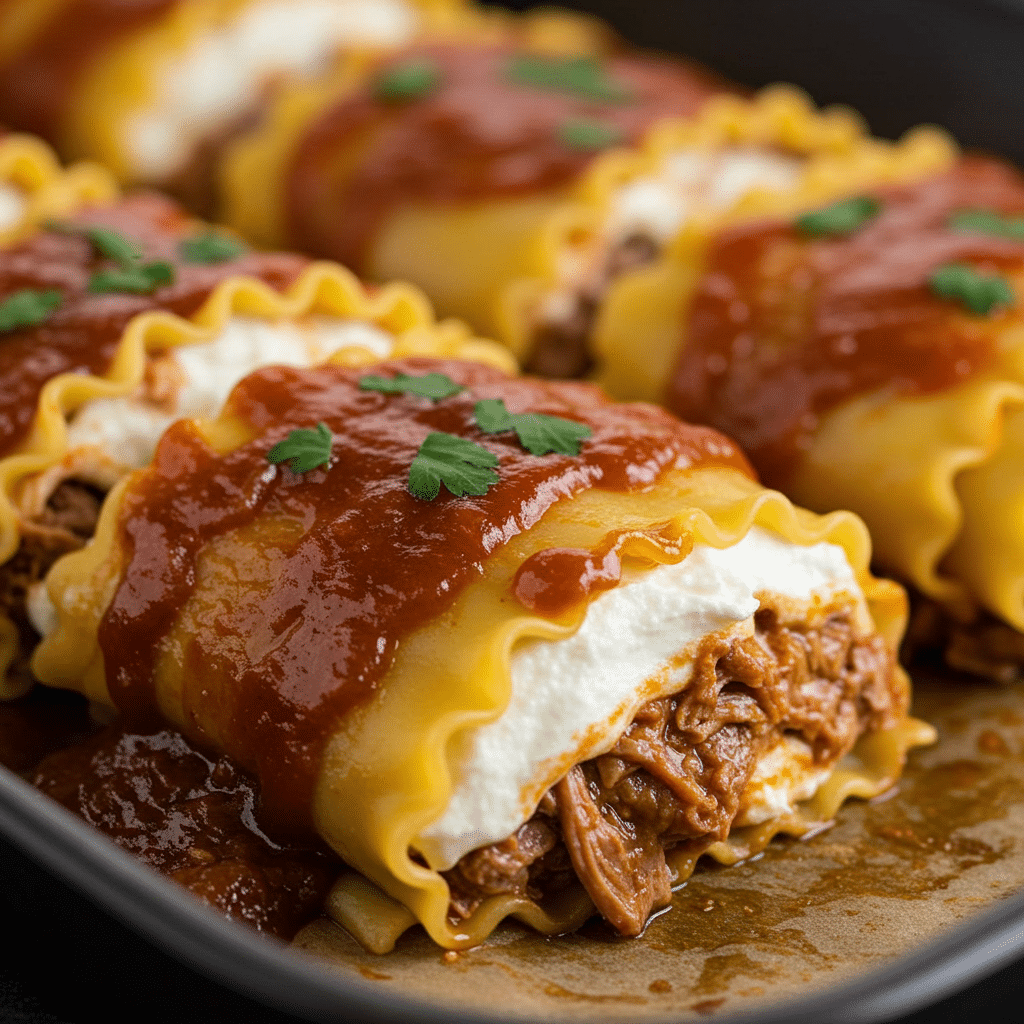 Sweet & Spicy Bourbon BBQ Pulled Pork Lasagna Rolls with melted cheese and bourbon glazed pork