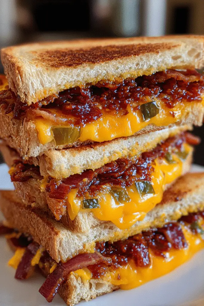 Easy Chili Cheese Bacon Grilled Sandwich recipe with melted cheddar cheese and spicy chili sauce