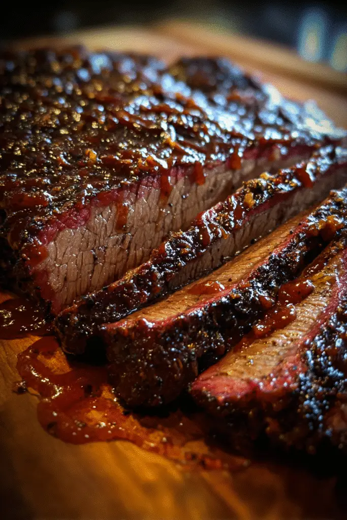Whiskey brisket smoked with hickory, oak, and cherry wood for deep flavor.
