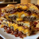 Triple Cheese Bacon Explosion Sandwich with melted cheddar mozzarella provolone cheese layers
