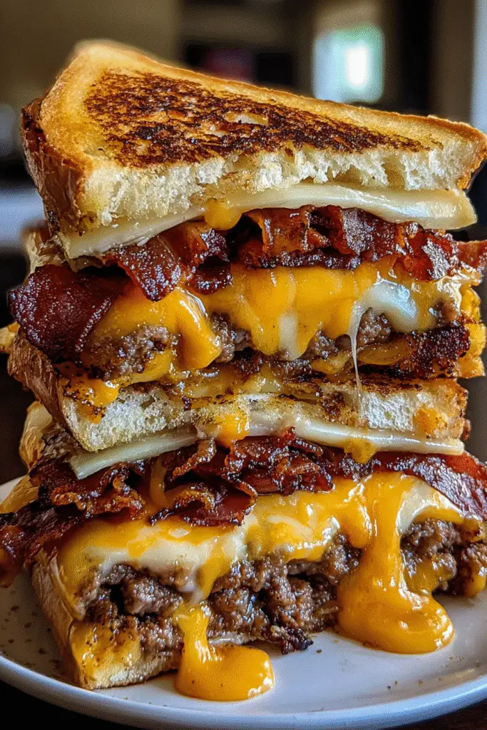 Triple Cheese Bacon Explosion Sandwich recipe Pinterest pin with melted cheese layers
