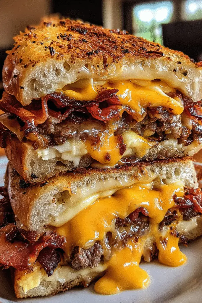 Triple Cheese Bacon Explosion Sandwich cross-section showing cheese layers