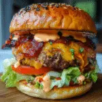 Triple-Layer Pepper Jack Bacon Smash Burger with melted pepper jack cheese and crispy bacon stack on brioche bun