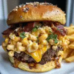 Ultimate Truffle Bacon Mac Attack Burger with melted cheese and ranch explosion on sesame seed bun