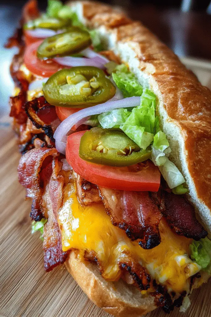 Gourmet Ultimate Bacon-Cheese Stuffed Overload Sub recipe for Pinterest sharing